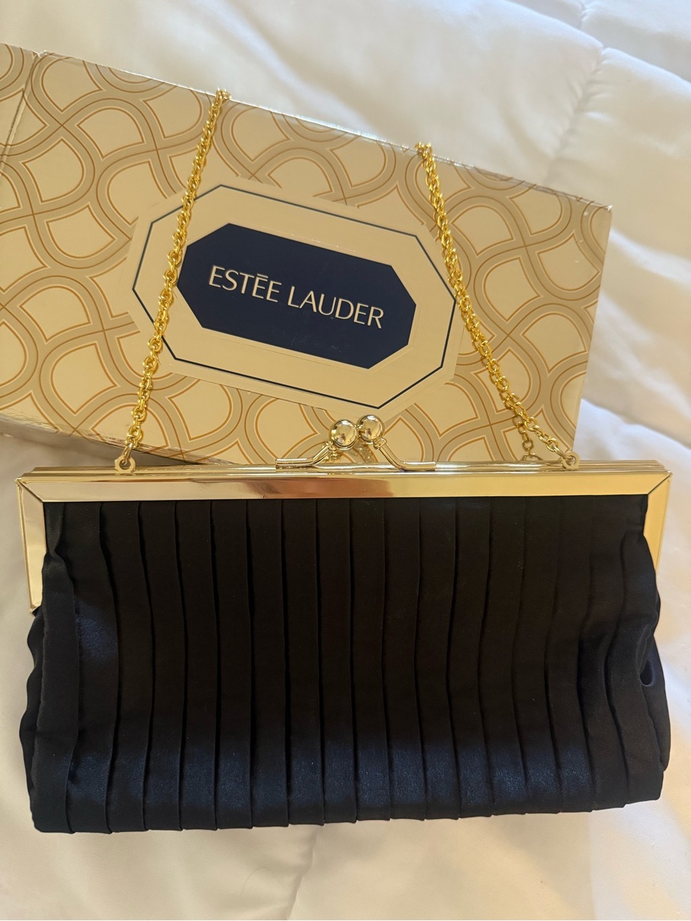 Estee Lauder Black Satin Pleated Clutch with Gold Chain